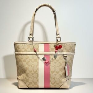 Coach Signature Beige Tote with Hand Crafted Bag Charm Jewelry